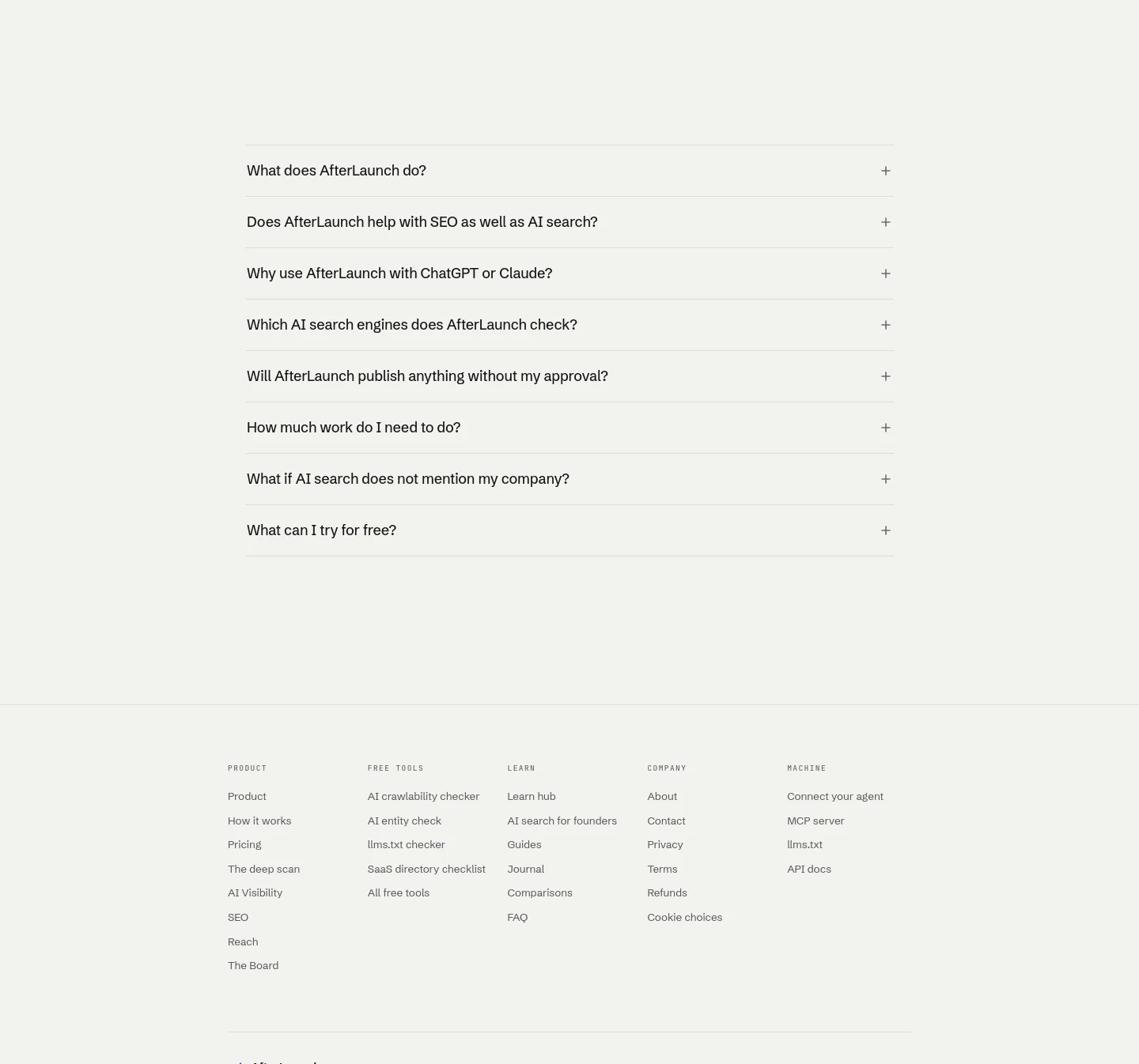 afterlaunch.io — a real FAQ section