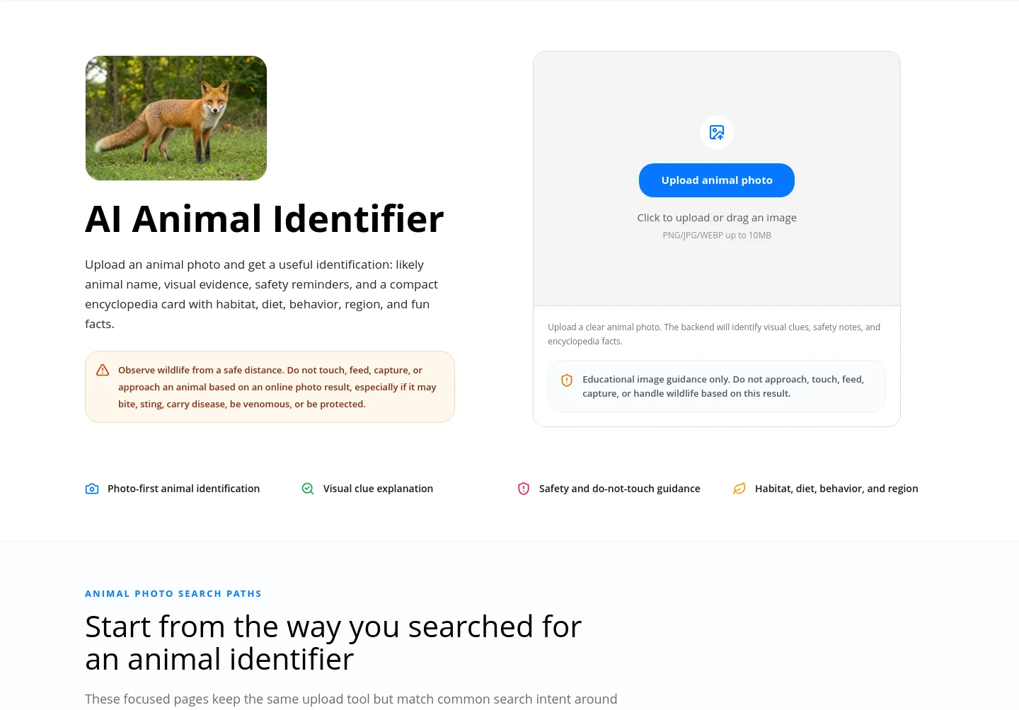aianimalidentifier.com Hero section