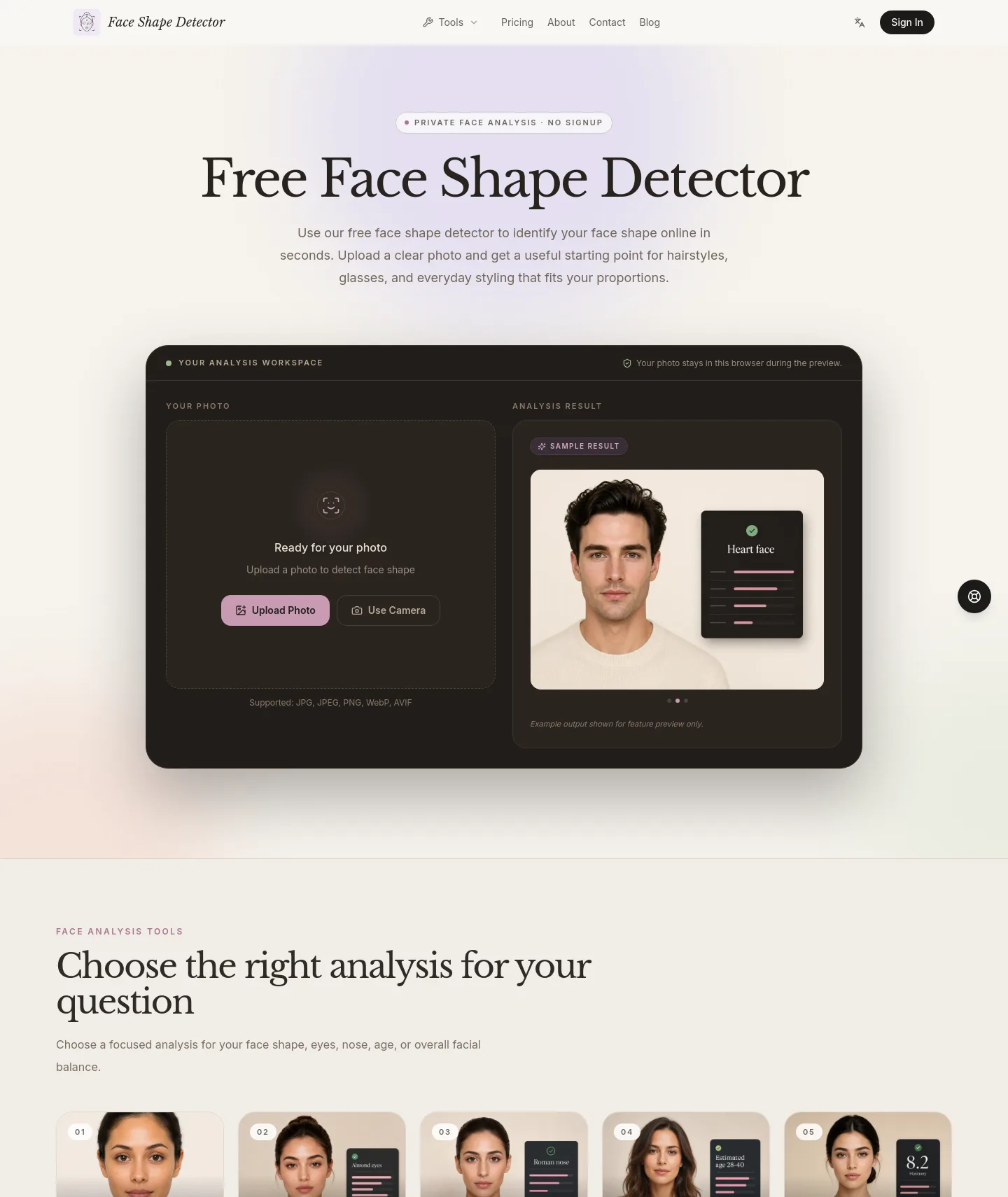 aifaceshapedetector.net — Hero + Comparison + FAQ