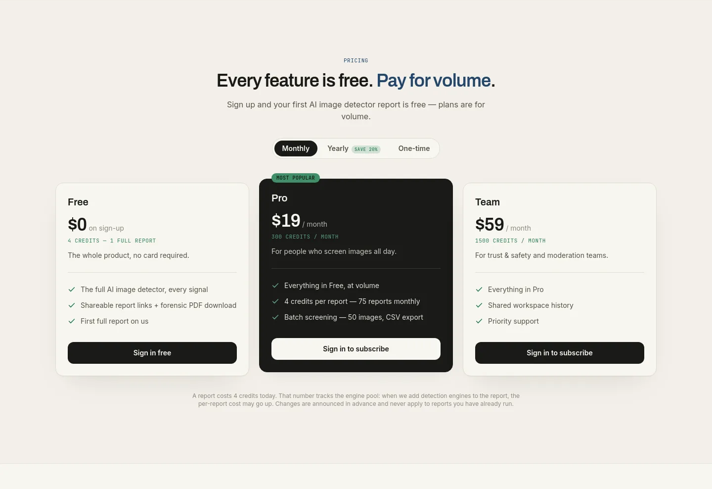 aiimagedetector.info Pricing section