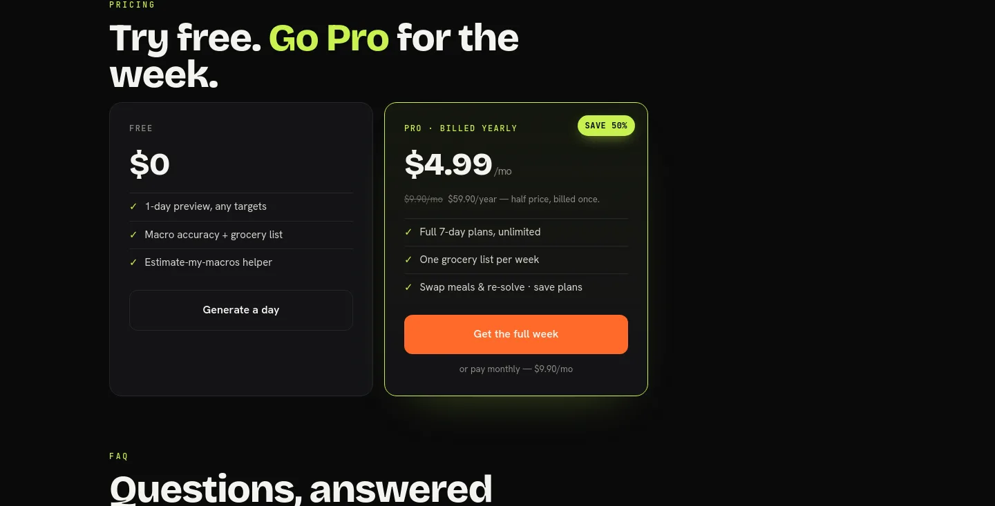 aimealplangenerator.com — a real Pricing section