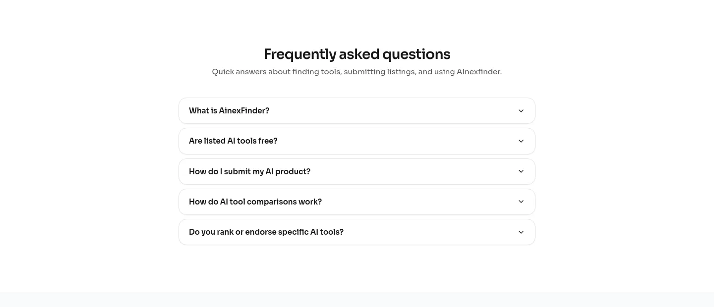 ainexfinder.com — a real FAQ section