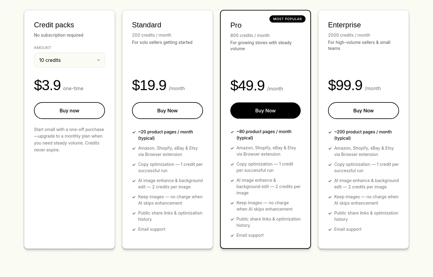 aiproductpageoptimization.com — a real Pricing section