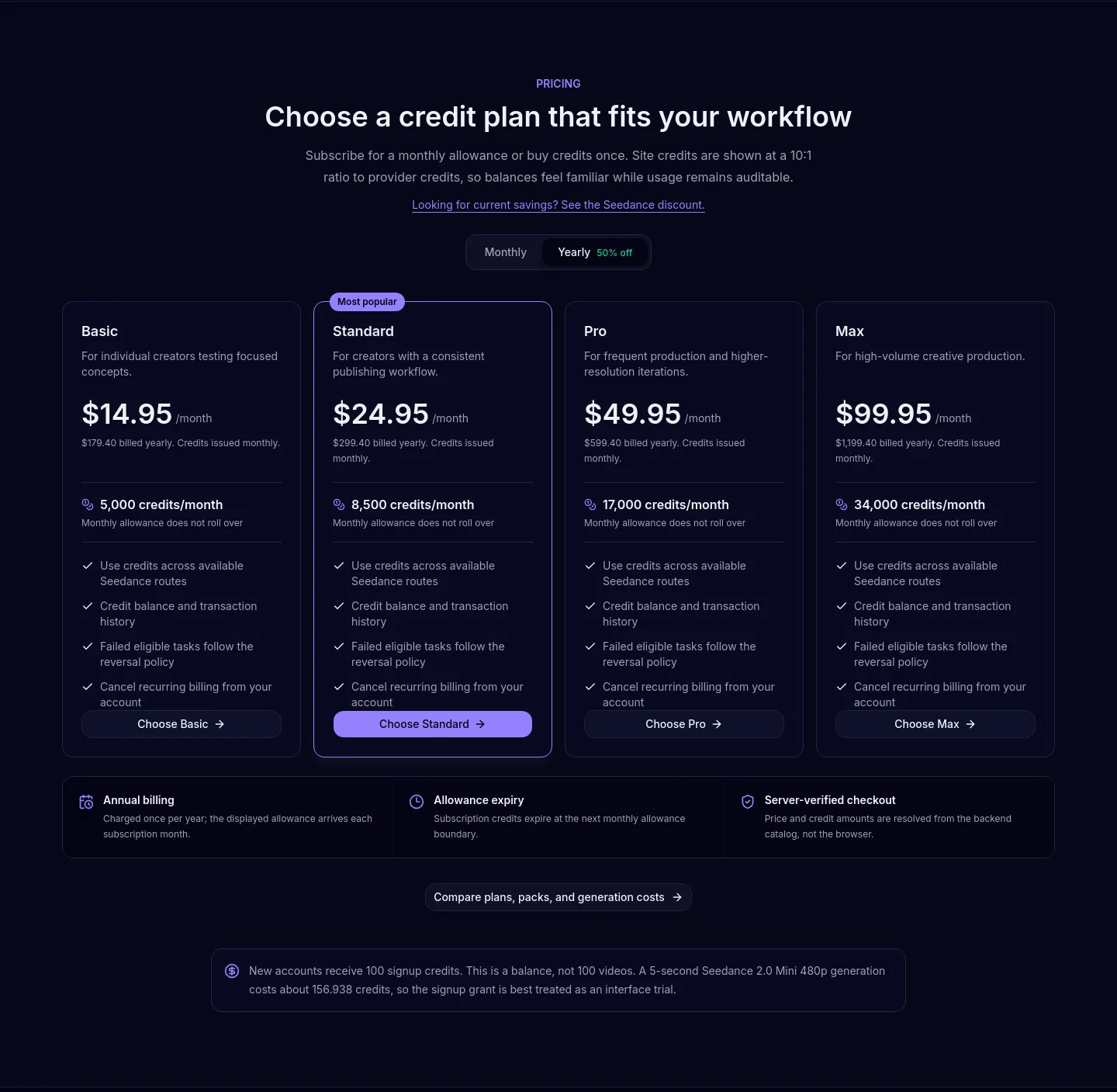 aiseedance25.app Pricing section
