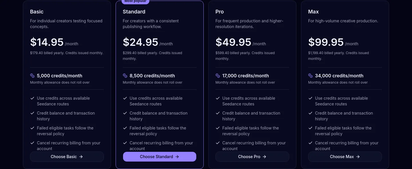 aiseedance25.app Pricing section