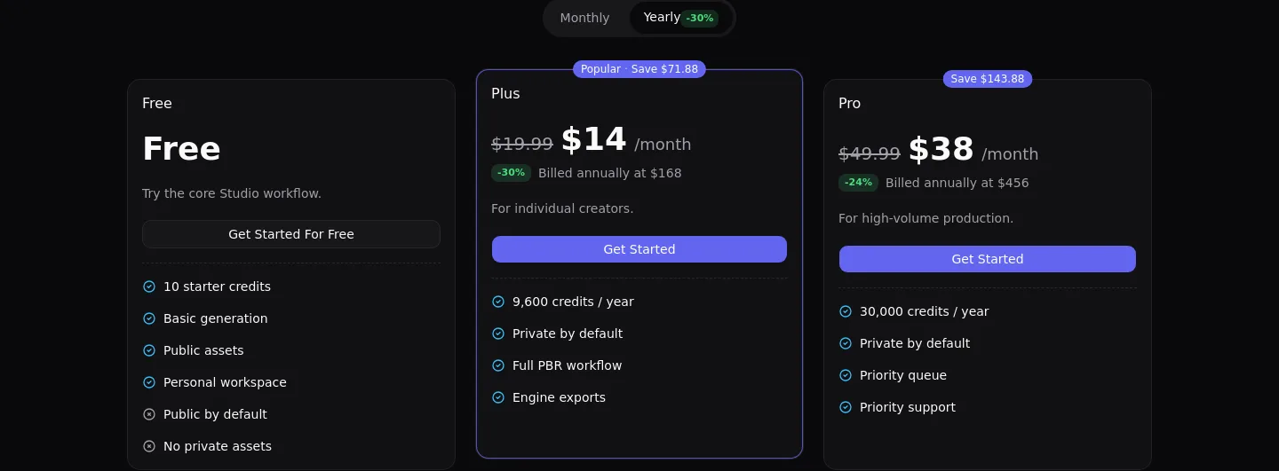 aitexture.ai — a real Pricing section
