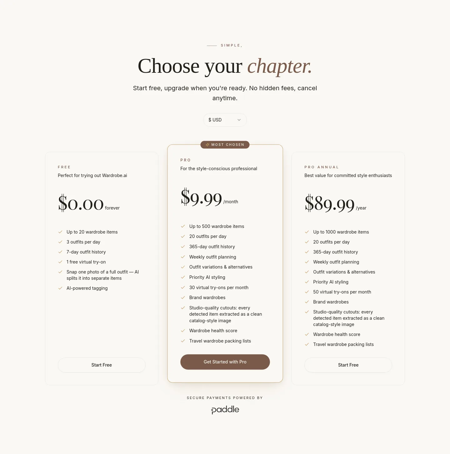 aiwardrobe.co — a real Pricing section