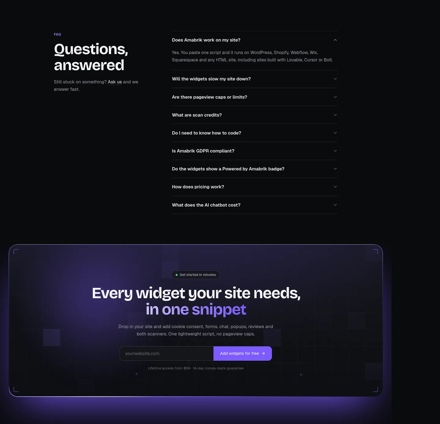 amabrik.com — a real FAQ section