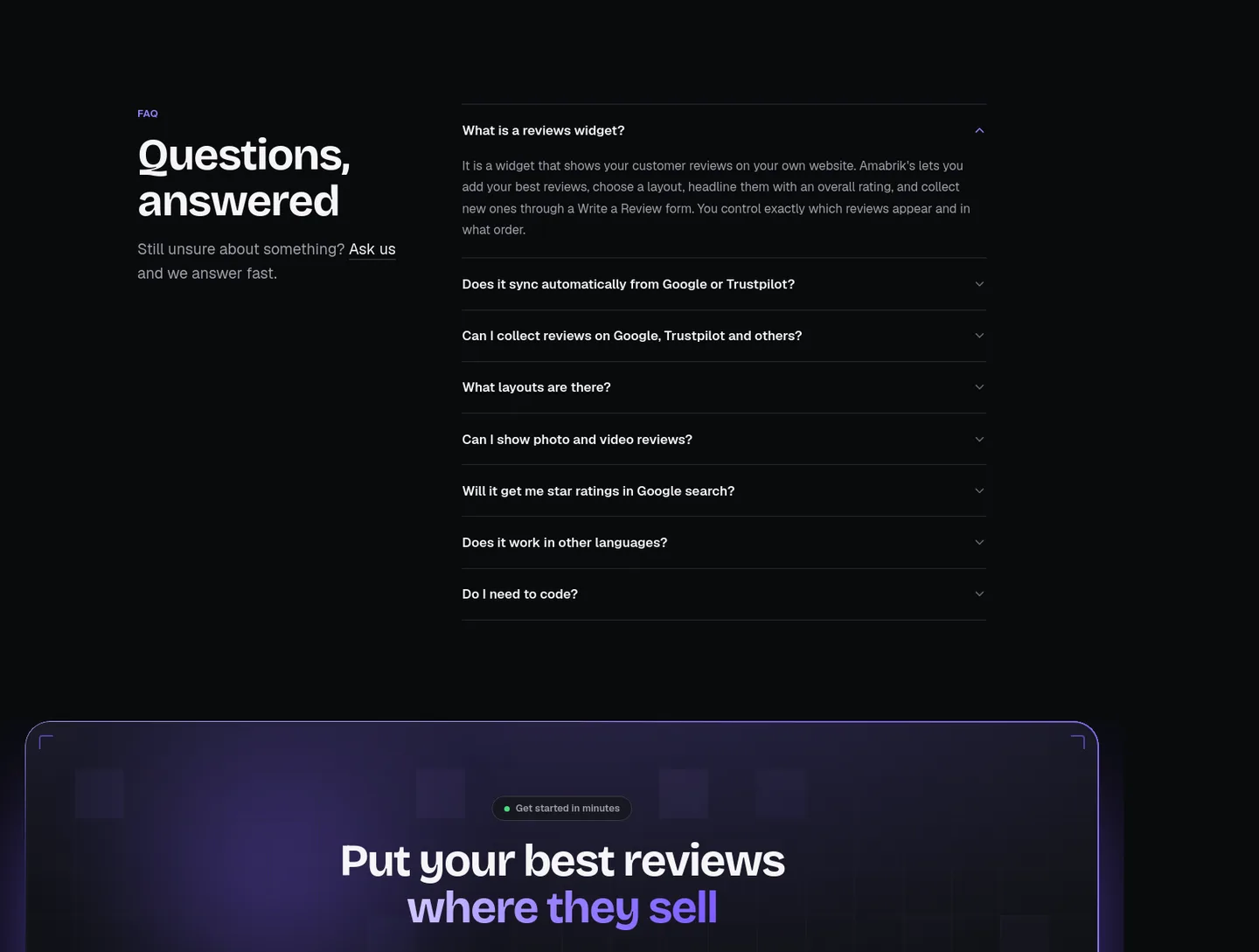 amabrik.com — a real FAQ section