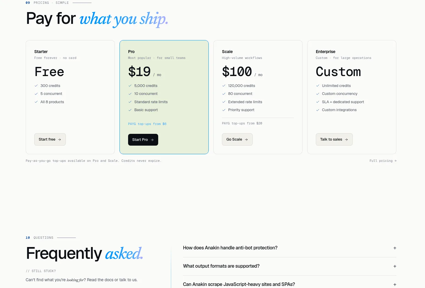 anakin.io — a real Pricing section