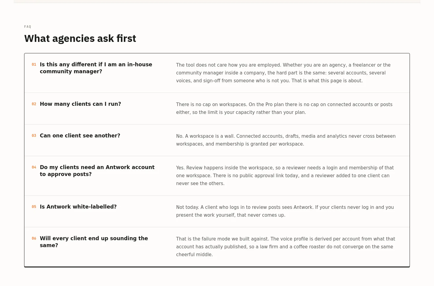 antwork.io — a real FAQ section