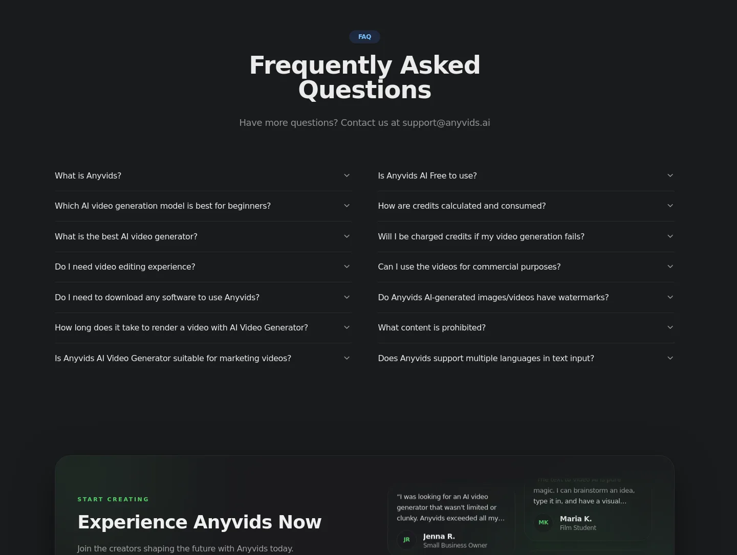 anyvids.ai FAQ section