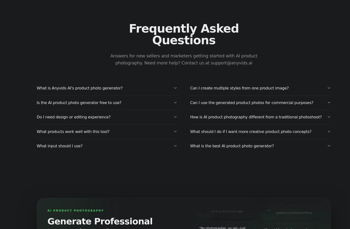 anyvids.ai — a real FAQ section