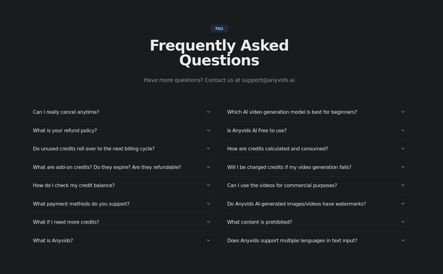 anyvids.ai — a real FAQ section