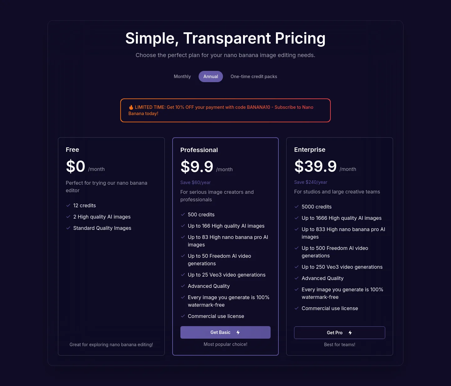 applebanana.pro — a real Pricing section