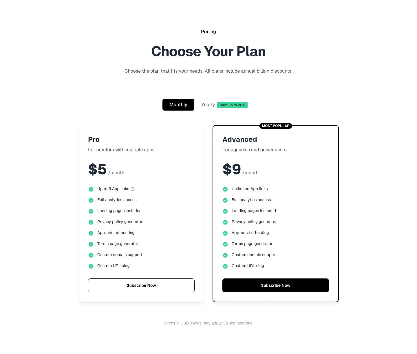 apppage.co — a real Pricing section