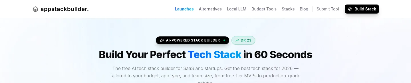 appstackbuilder.com — a real Hero + Pricing page