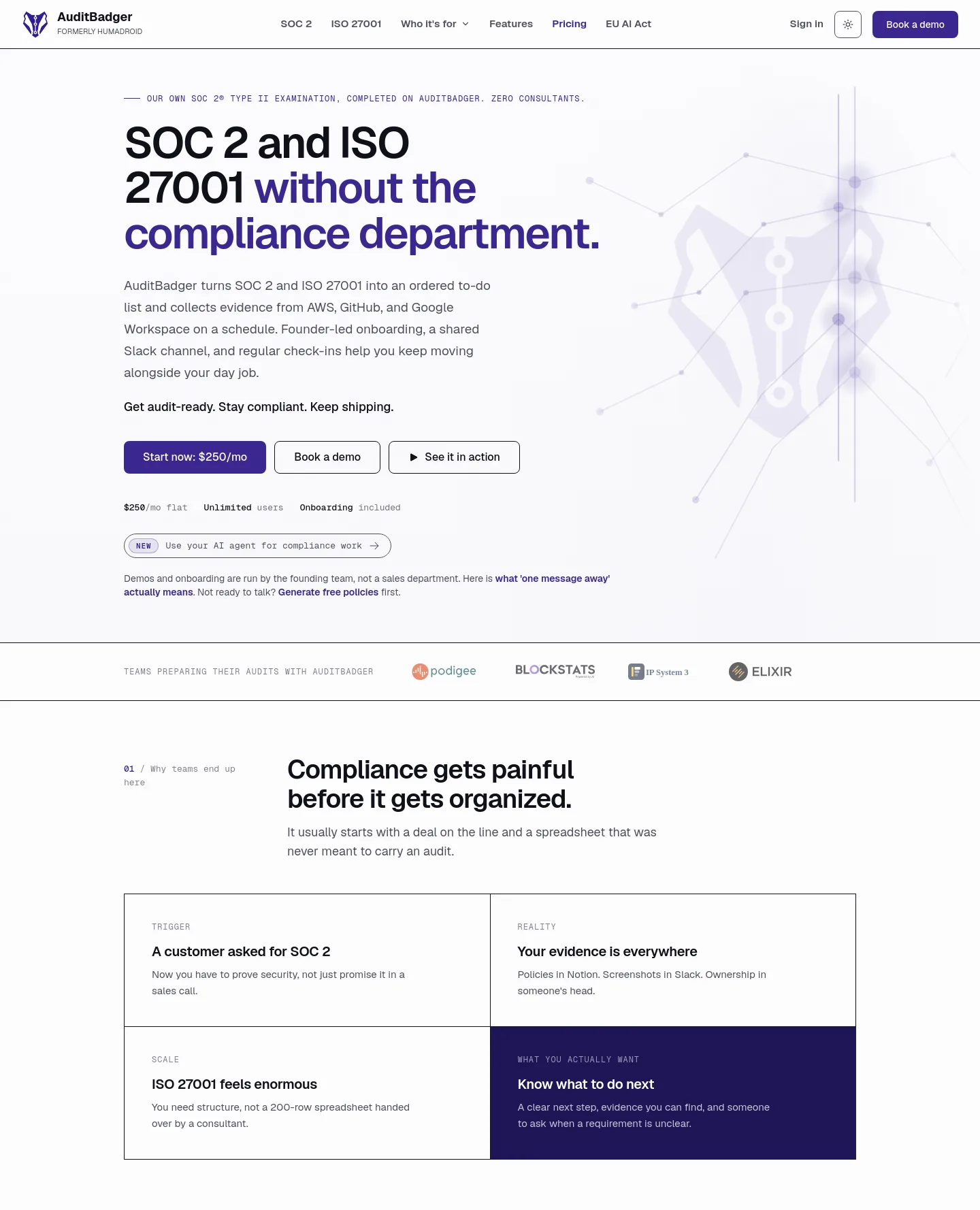 auditbadger.com — Hero + Logo Wall + Pricing + FAQ