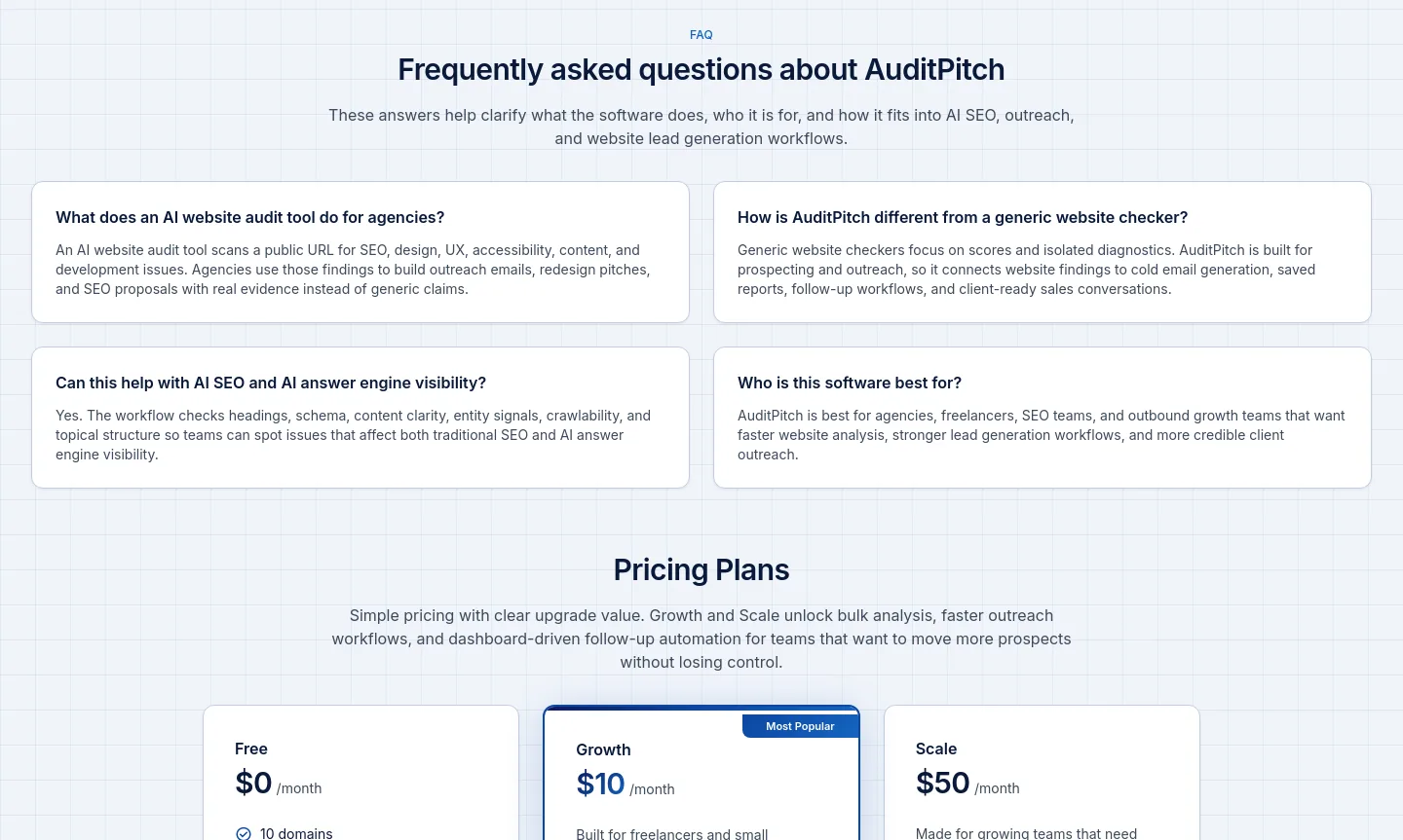 auditpitch.com — a real FAQ section