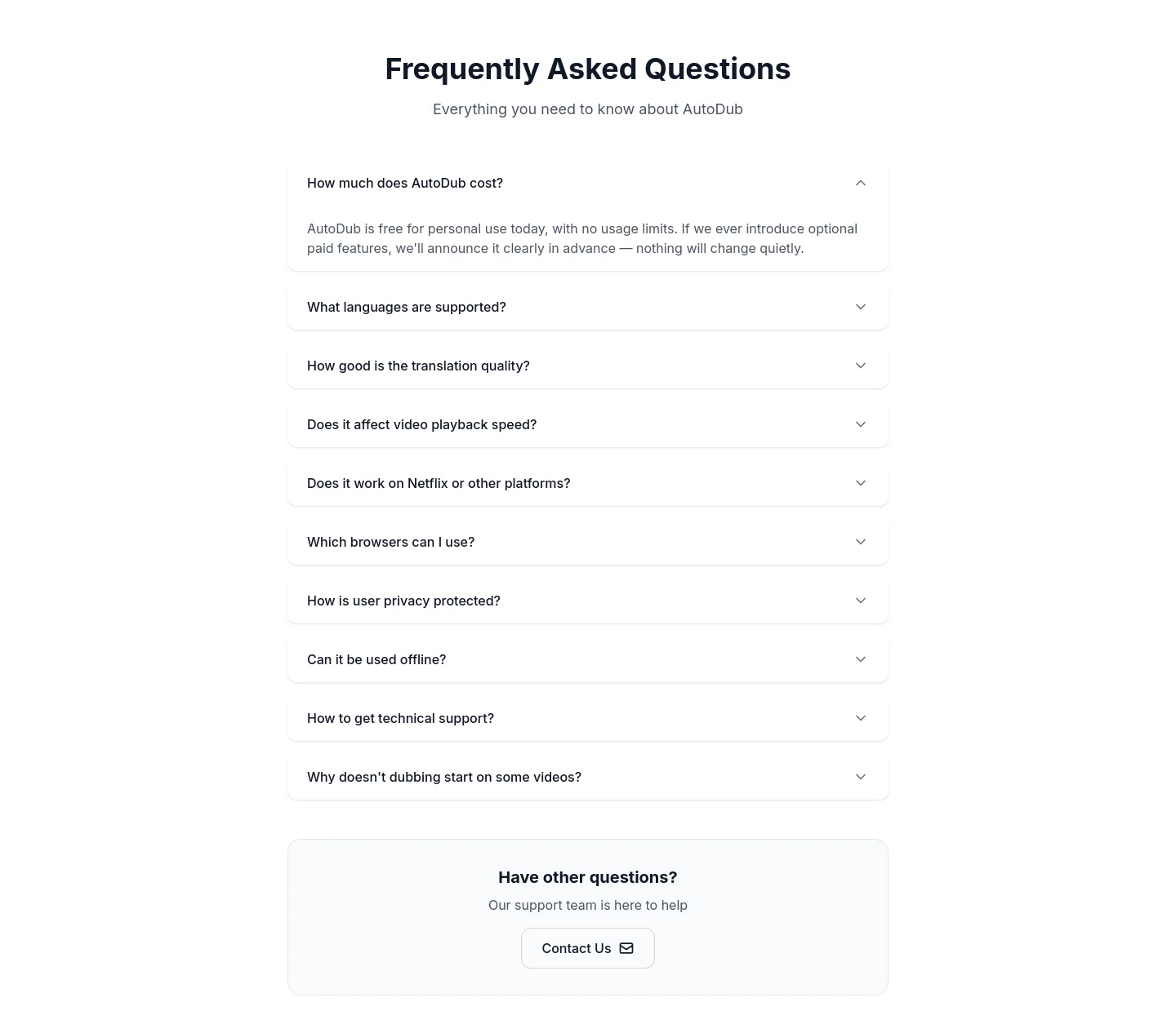 autodub.net — a real FAQ section