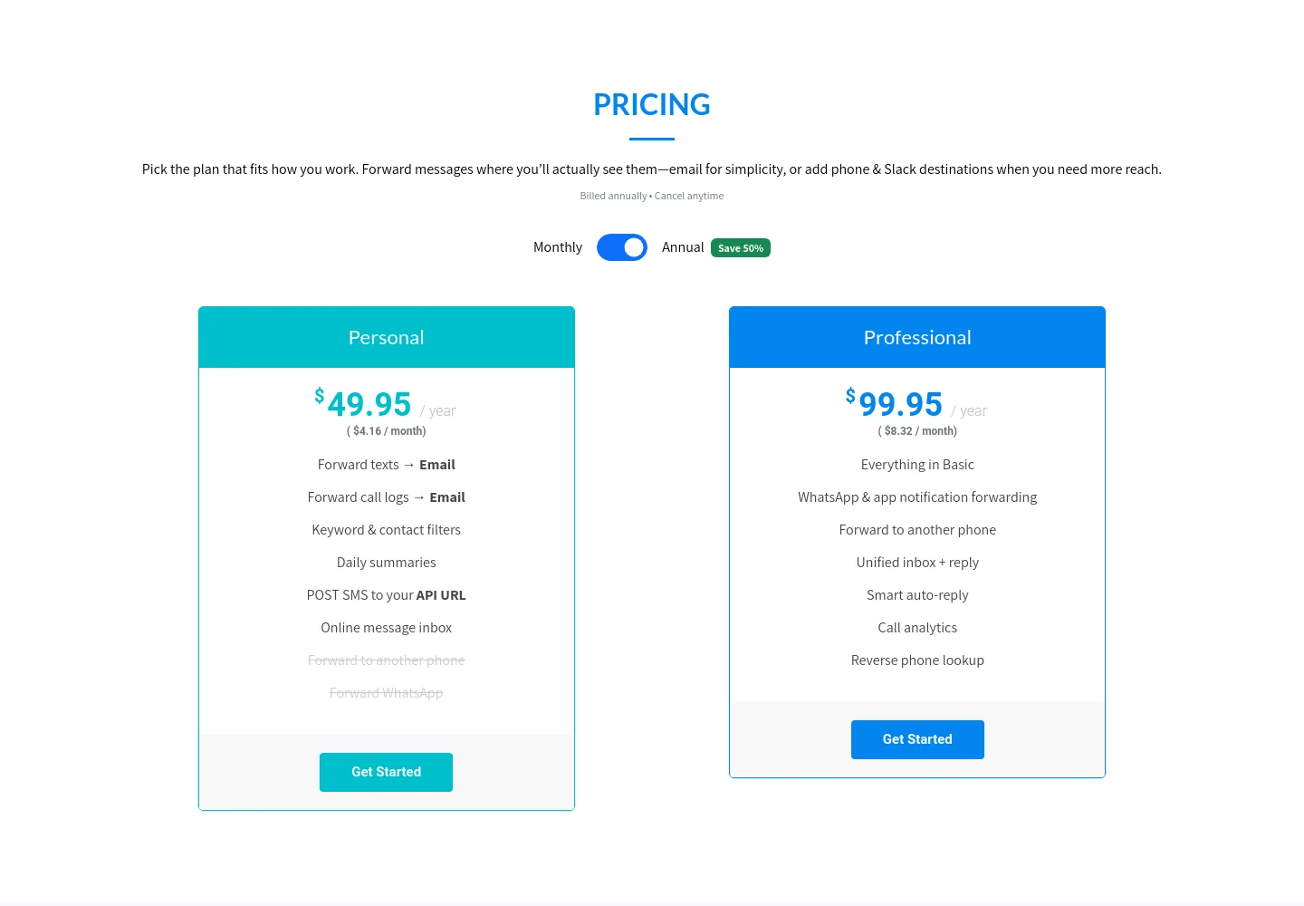 autoforwardtext.com — a real Pricing section