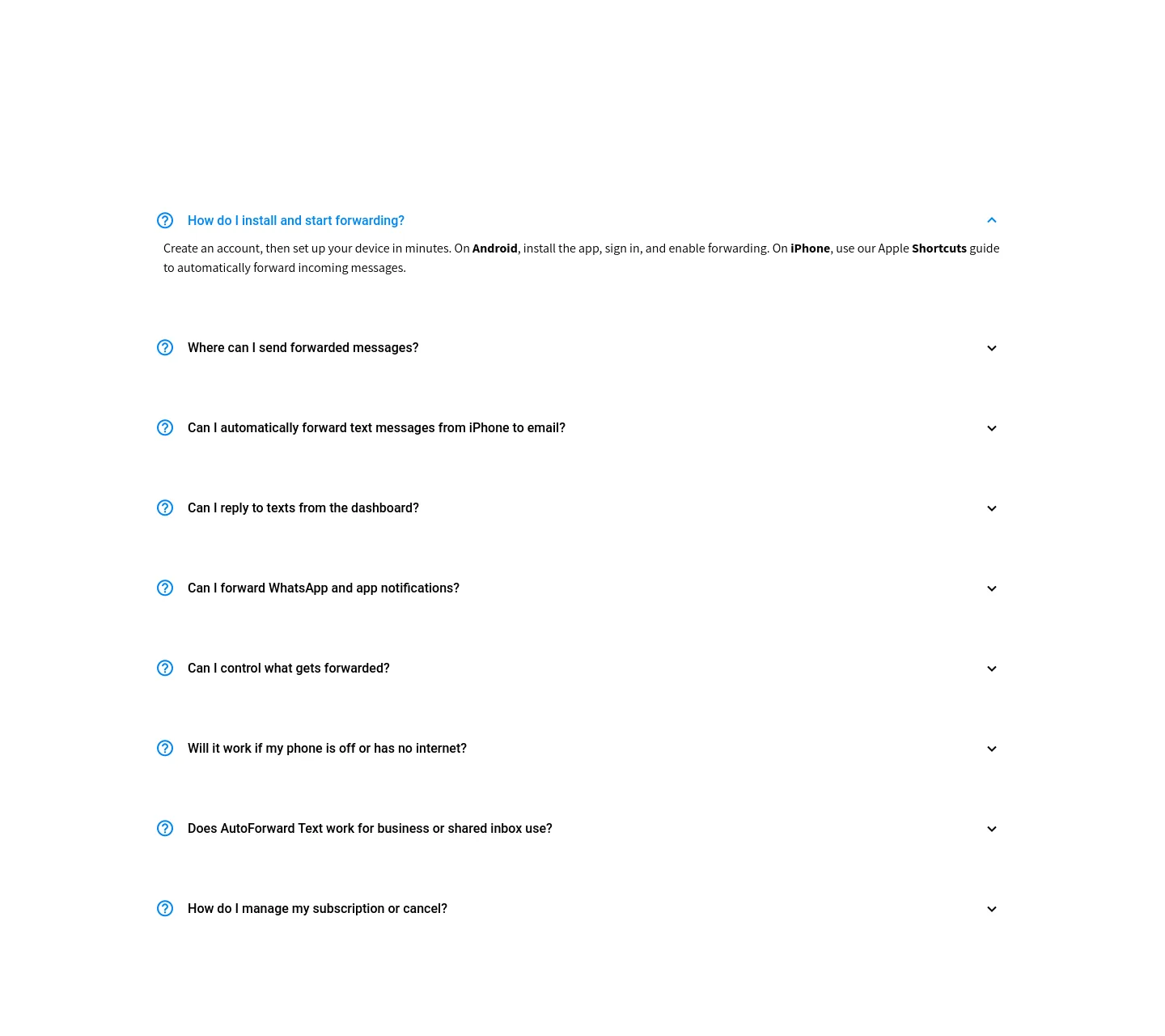 autoforwardtext.com — a real FAQ section