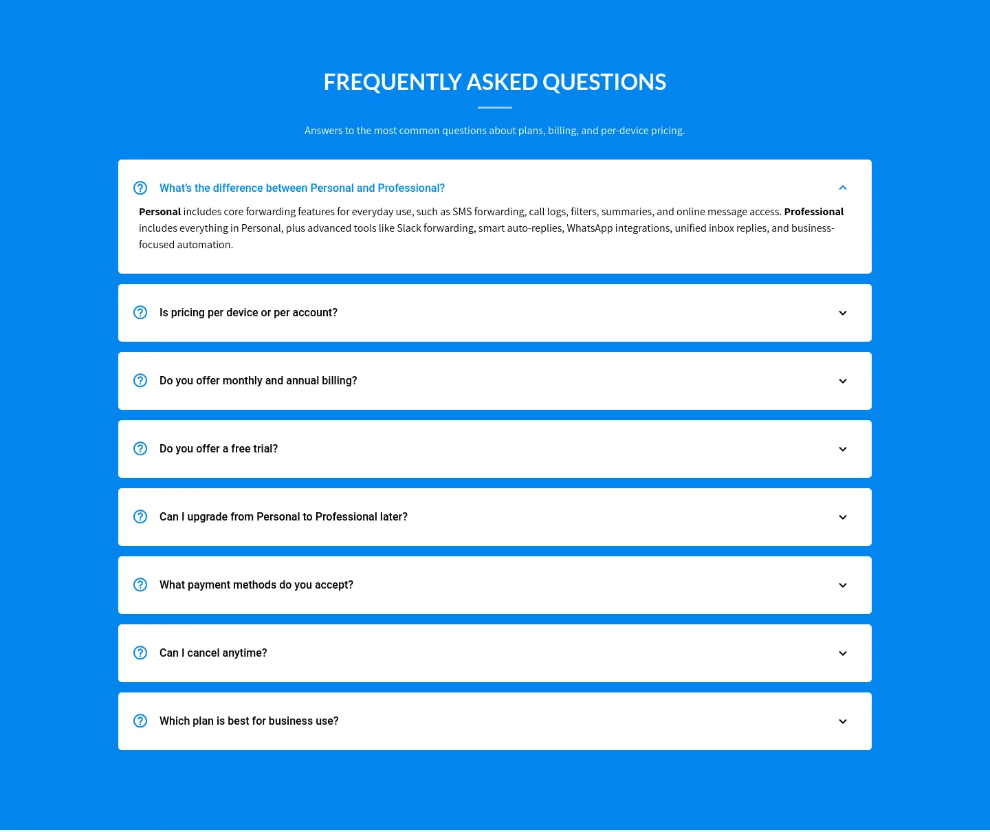autoforwardtext.com — a real FAQ section