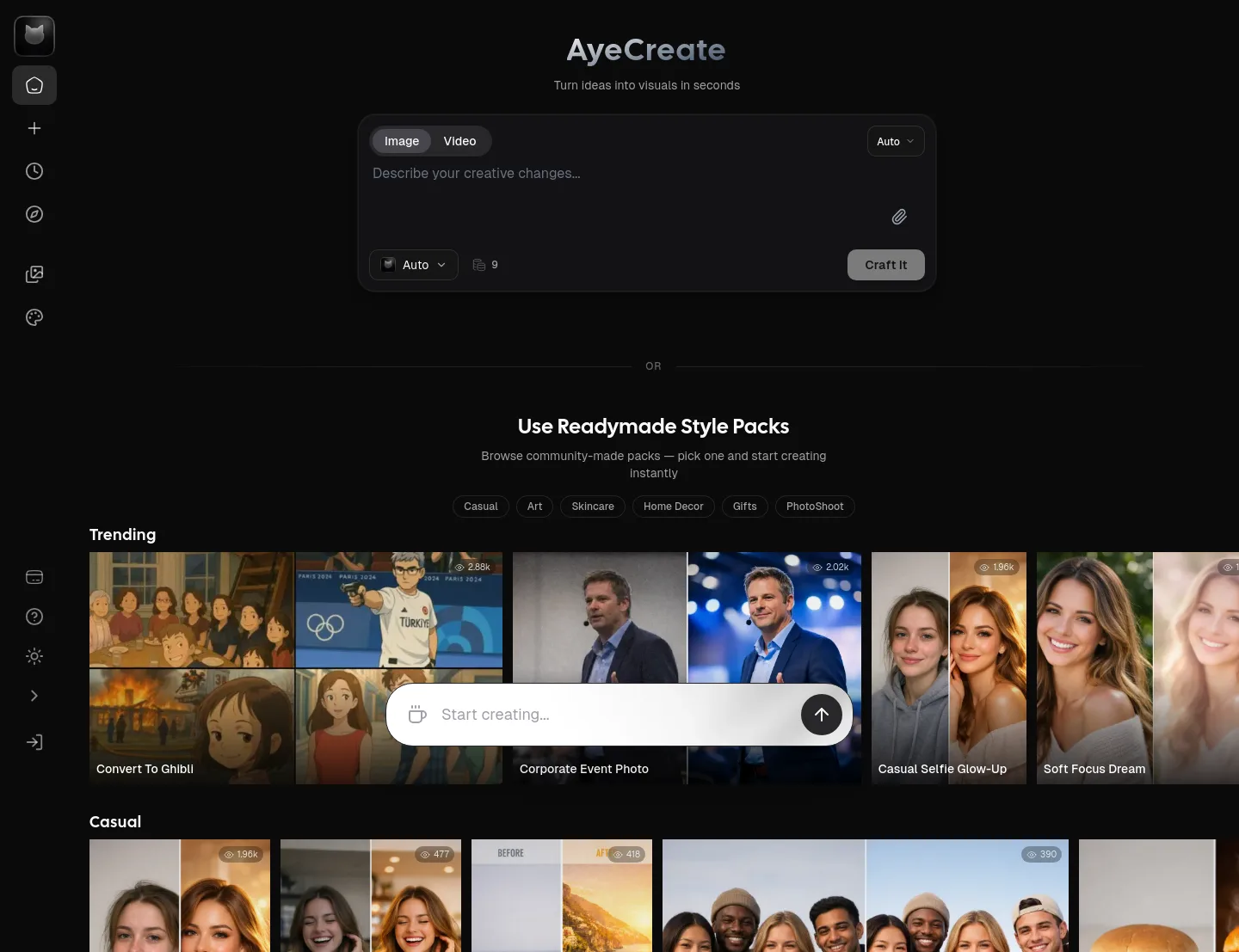 ayecreate.ai — a measured funnel