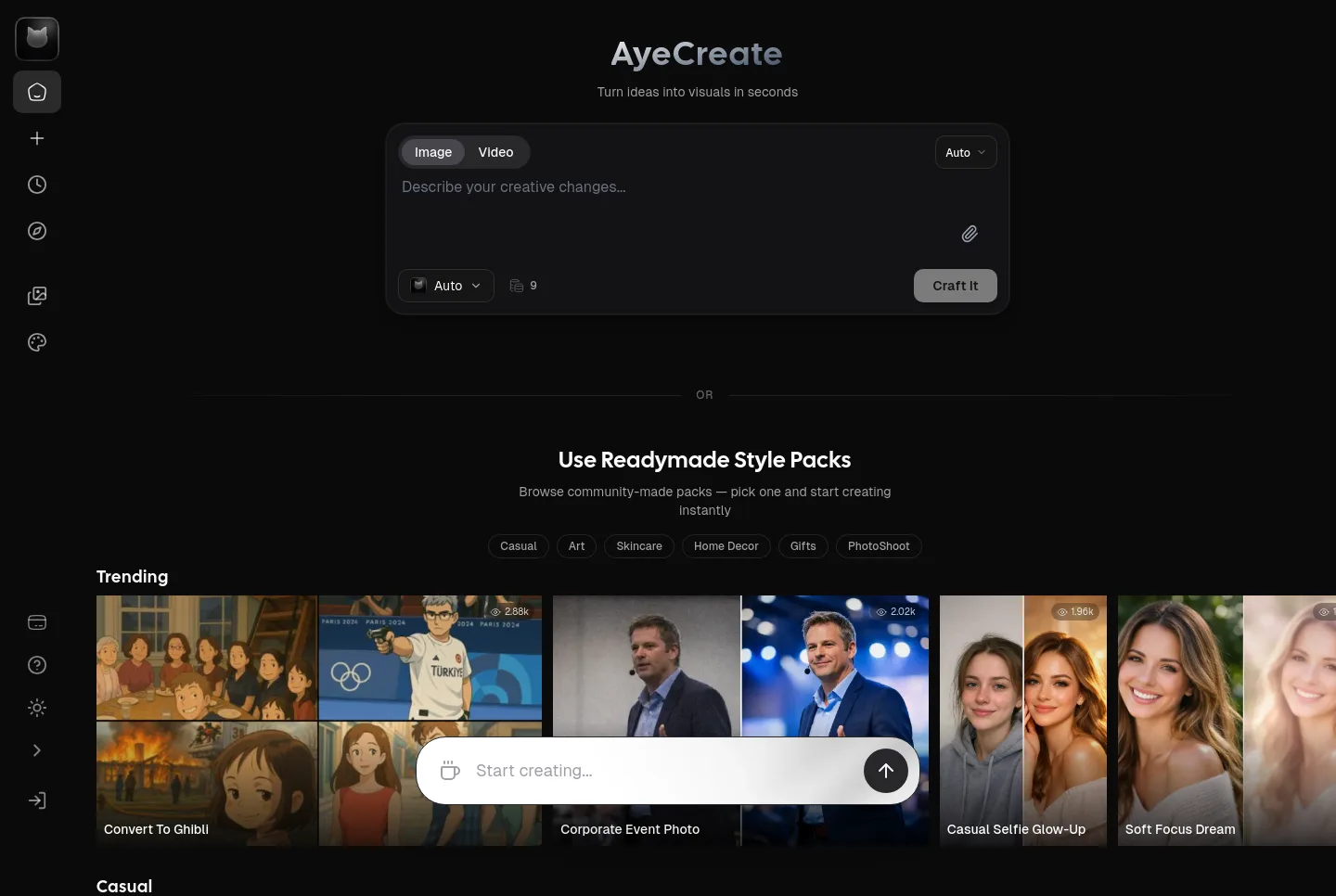 ayecreate.ai — a measured funnel