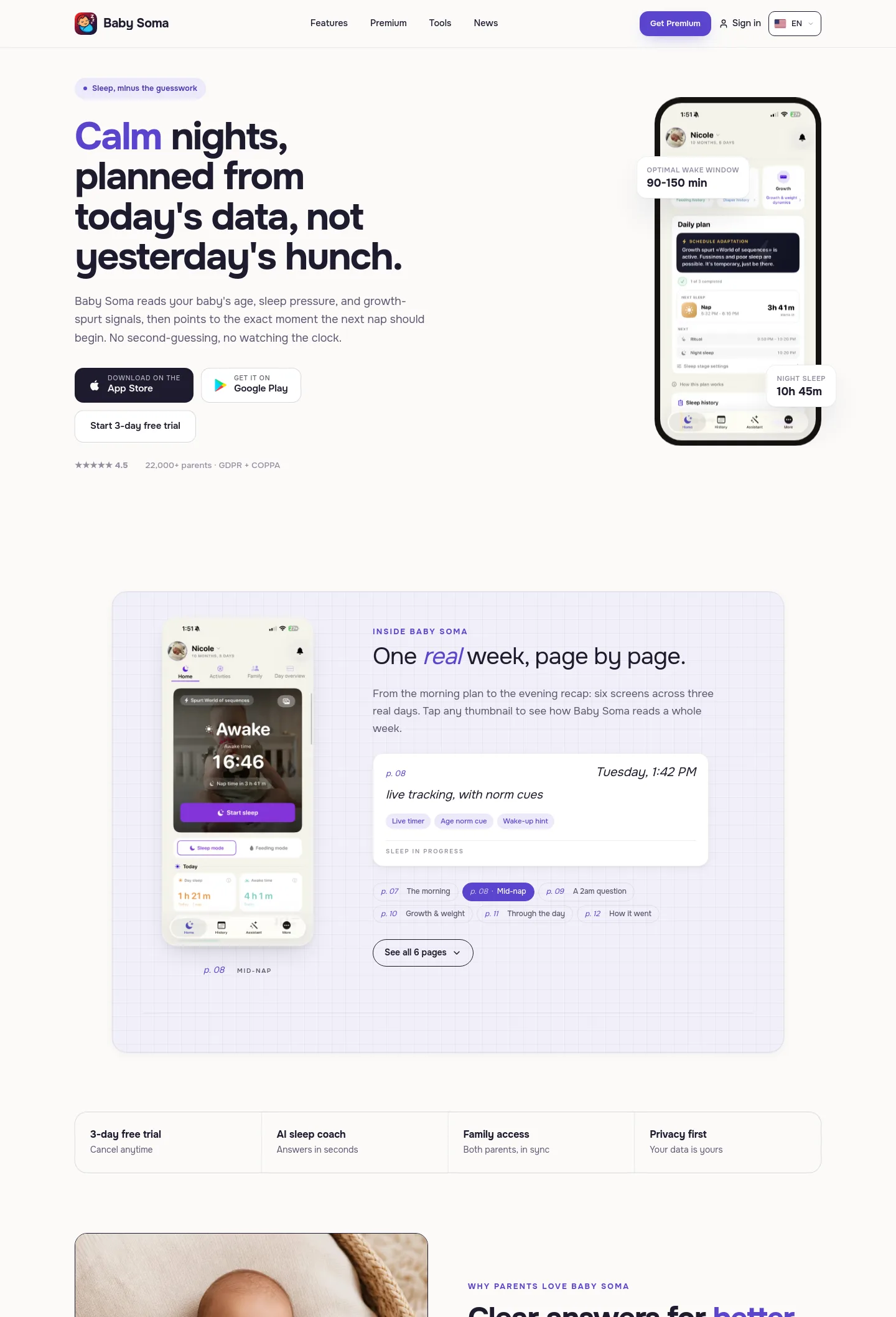 babysoma.app — a measured funnel