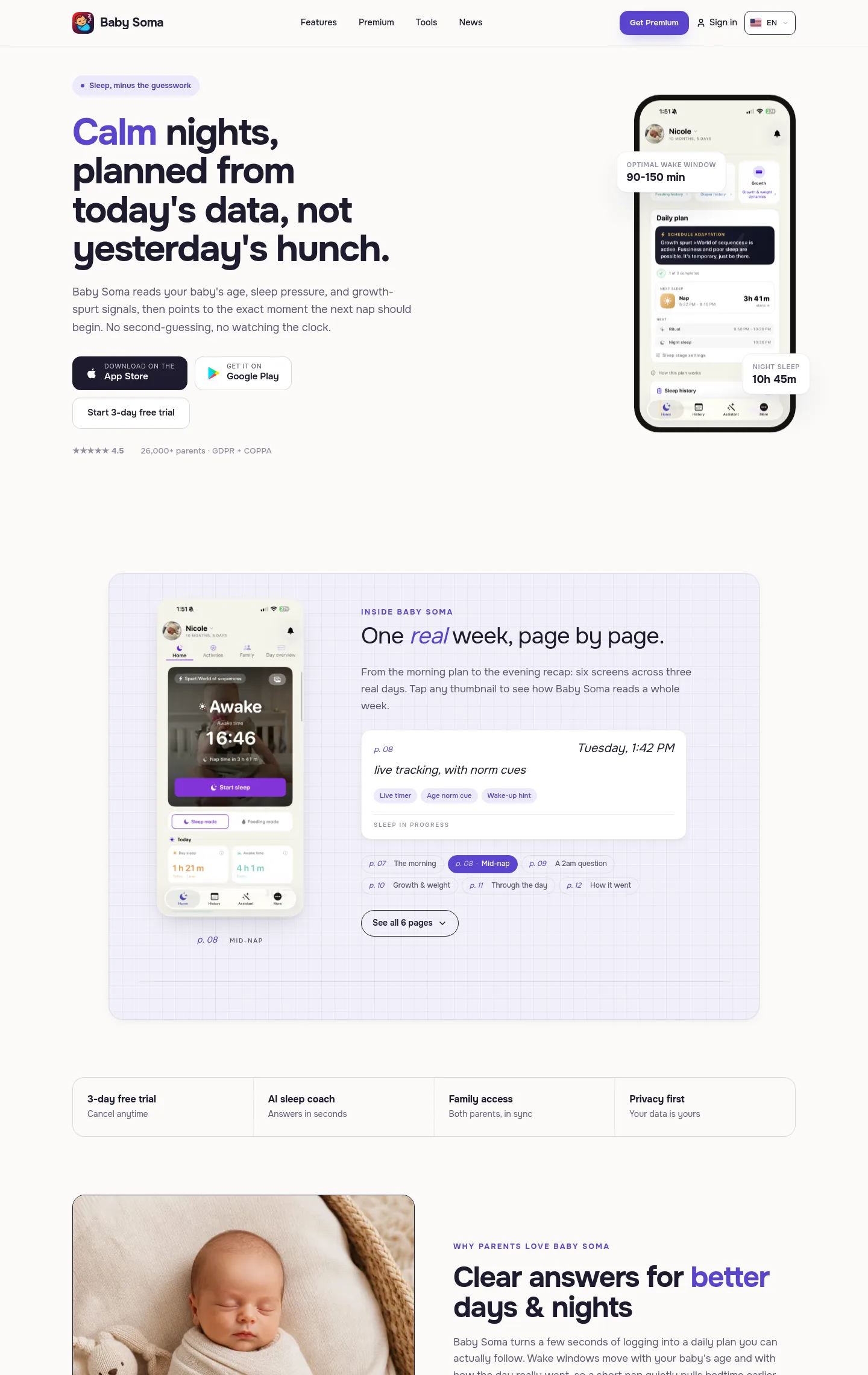 babysoma.app — a measured funnel