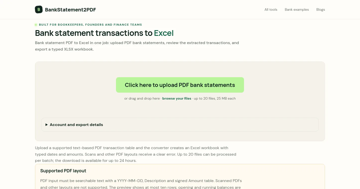bankstatement2pdf.com — a measured funnel