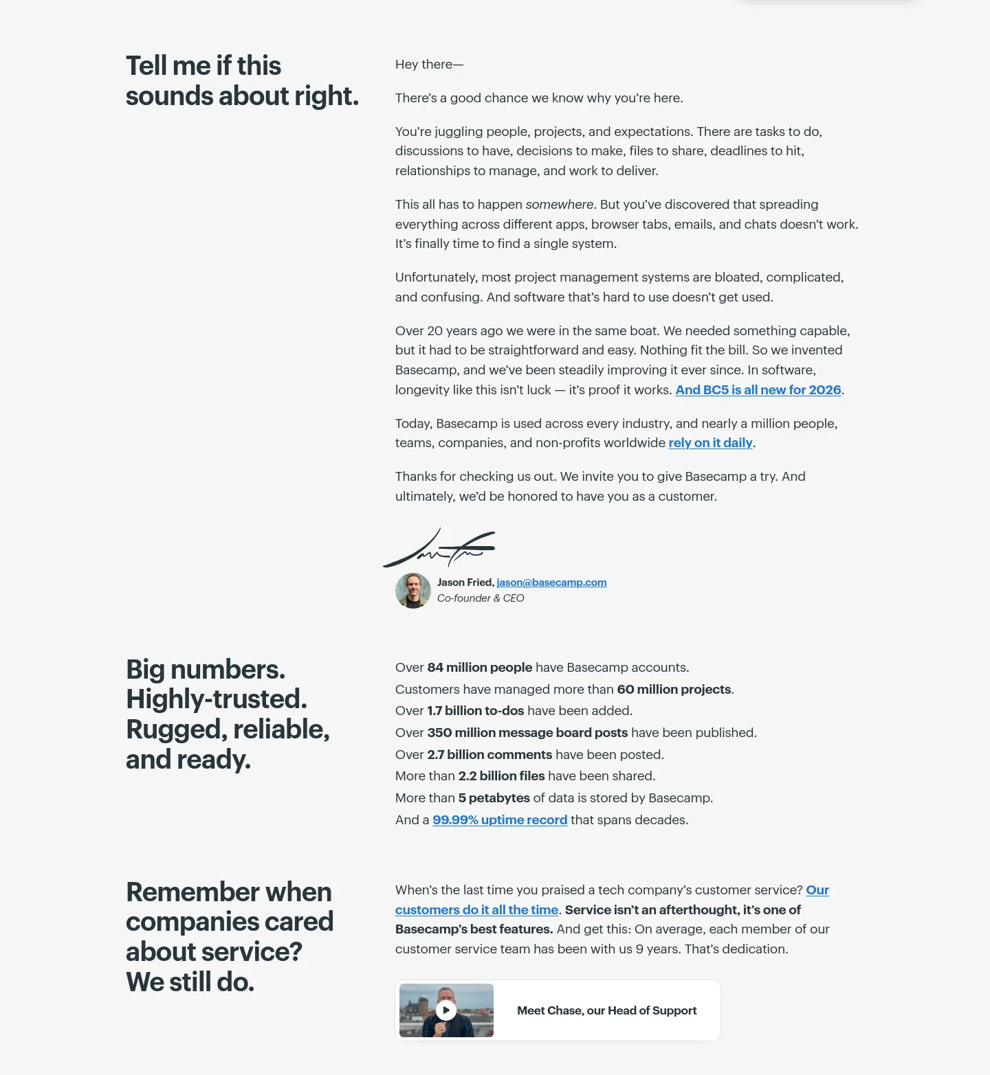 basecamp.com — a real Features section