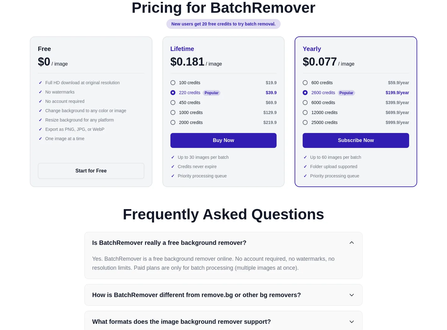 batchremover.com Pricing section