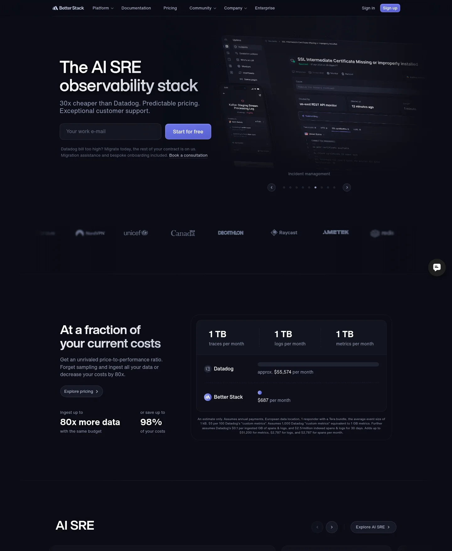 betterstack.com — a real Hero + Pricing page