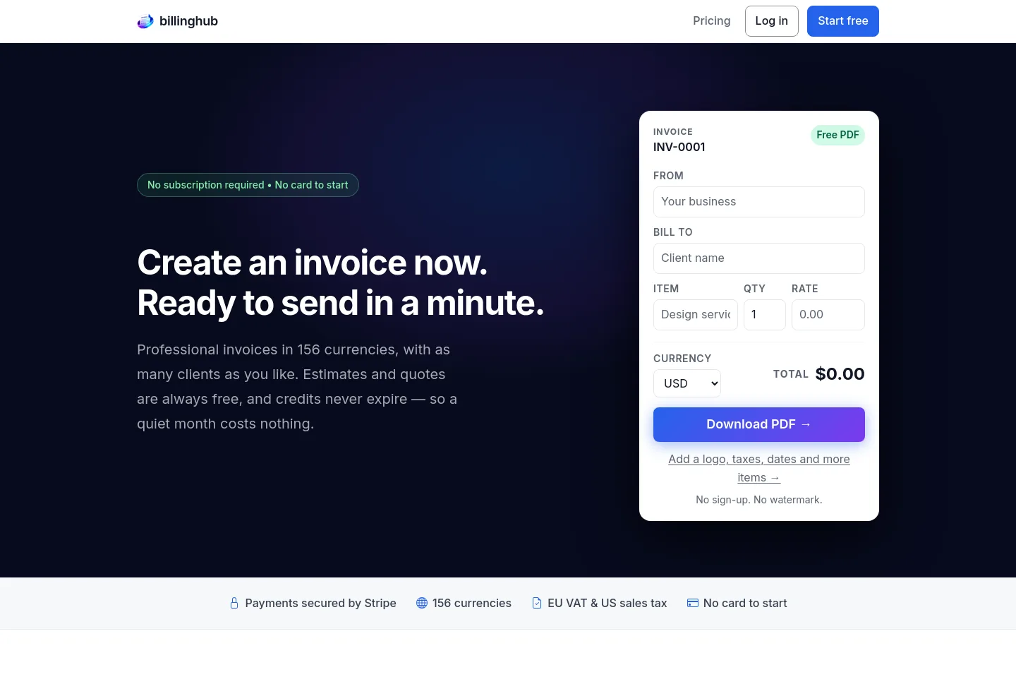 billinghub.online — Hero + Pricing