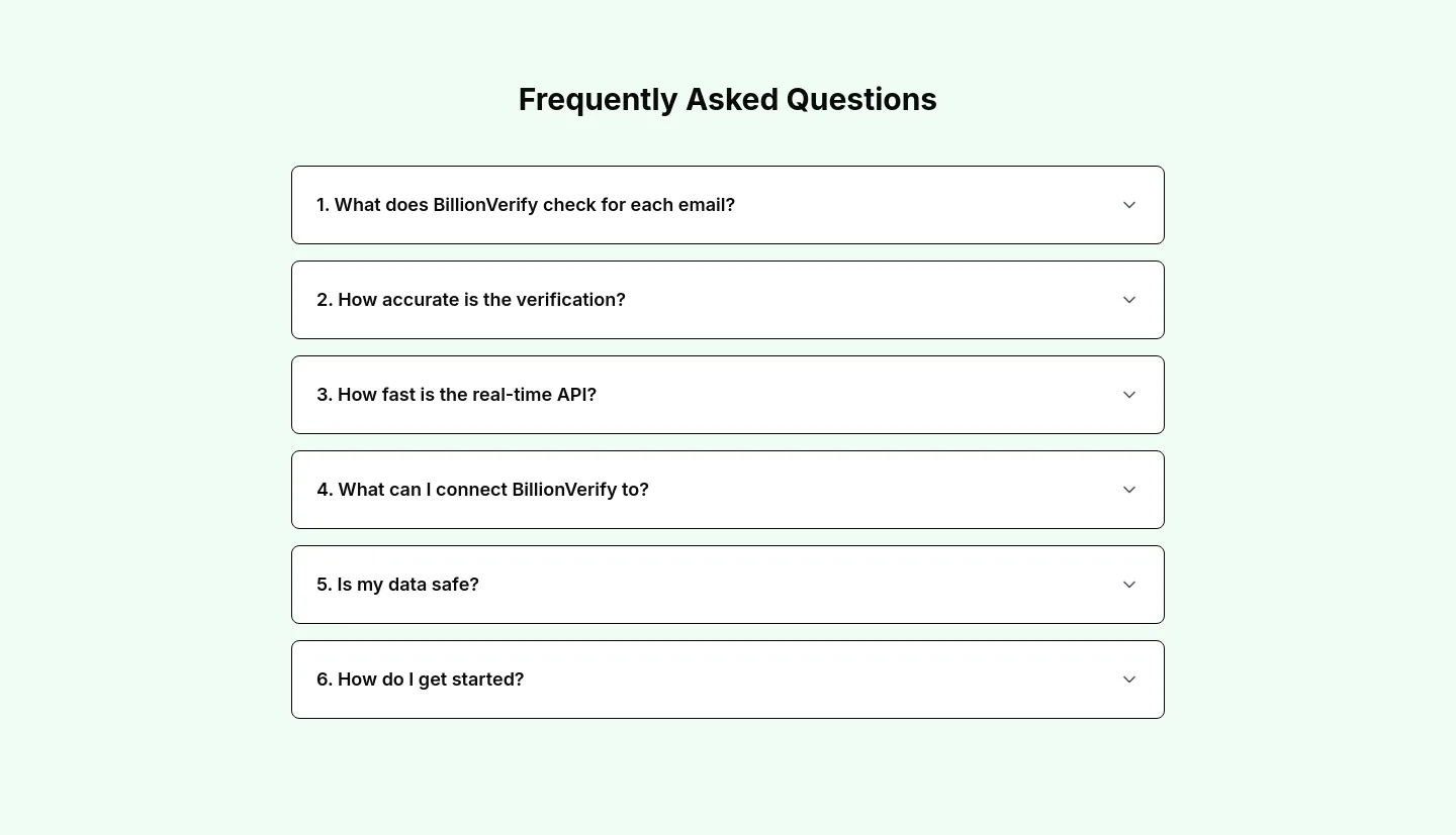 billionverify.com — a real FAQ section