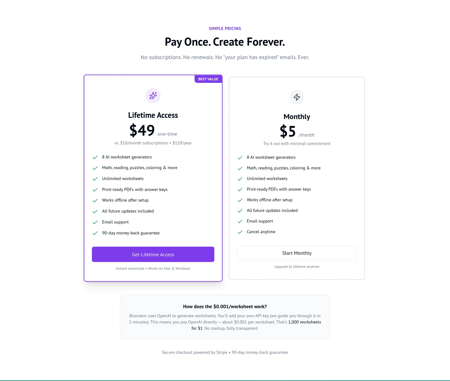 brainator.com — a real Pricing section