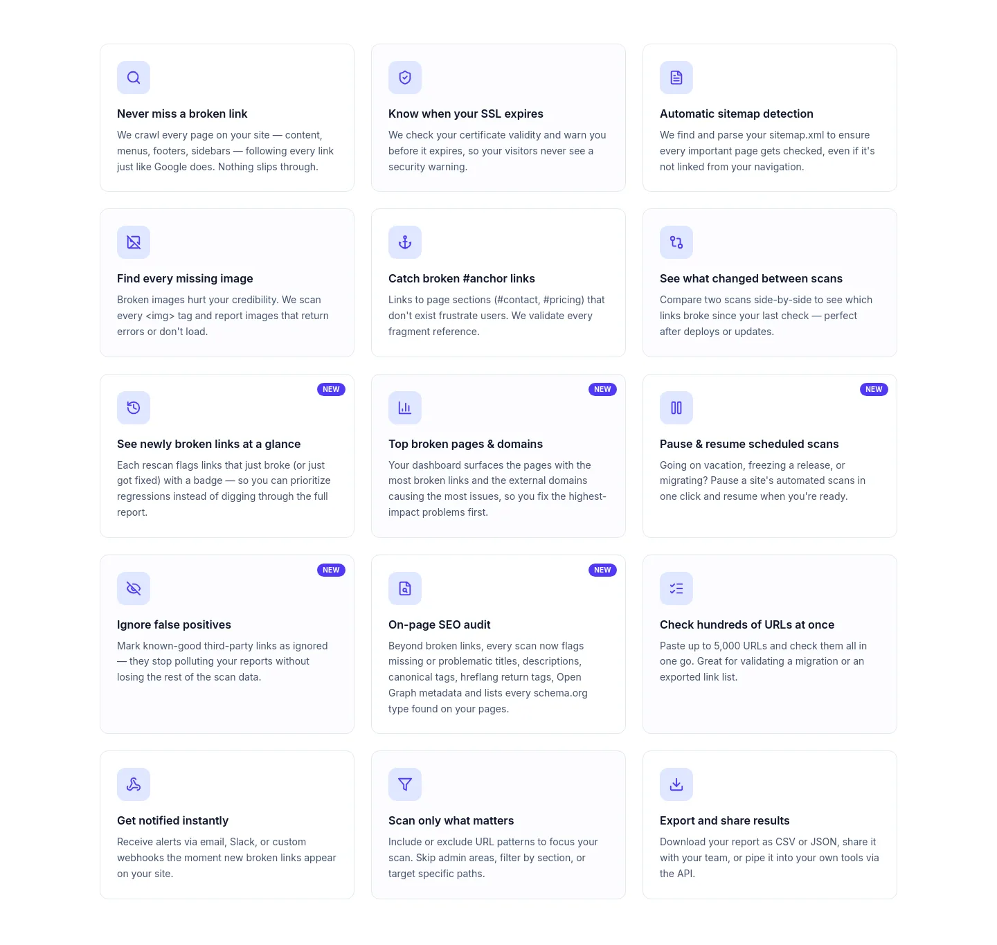 brokenlinkscan.com — Features