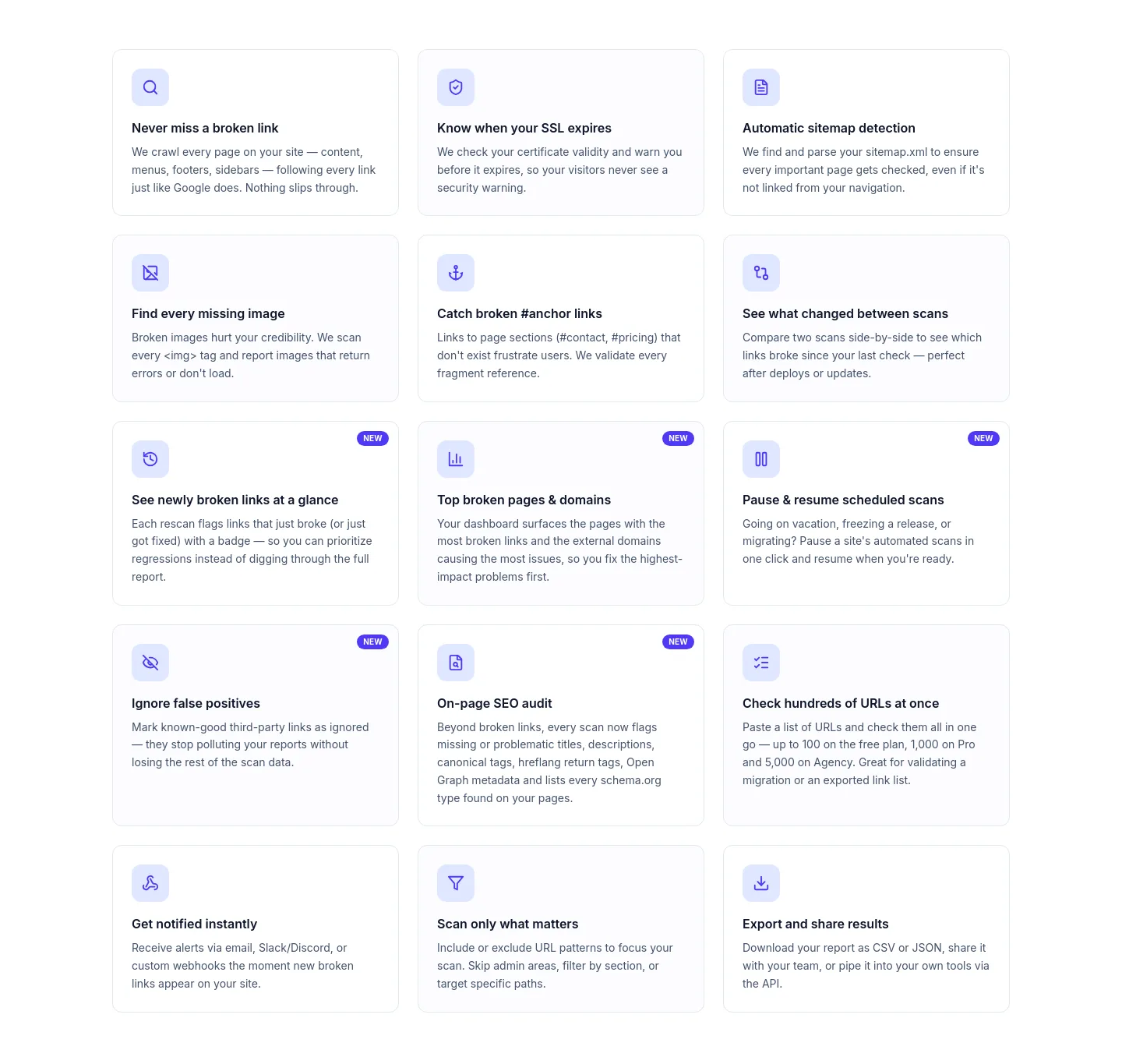 brokenlinkscan.com — Features