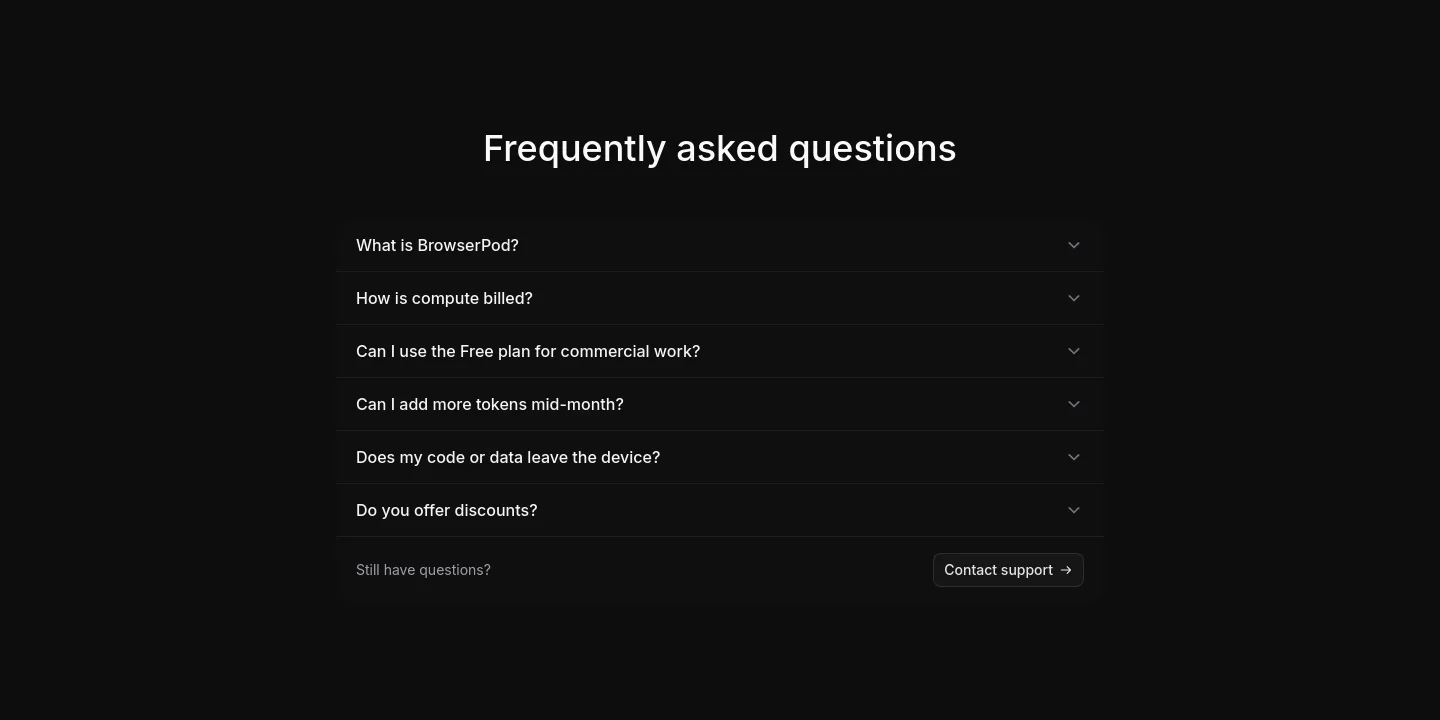 browserpod.io FAQ section