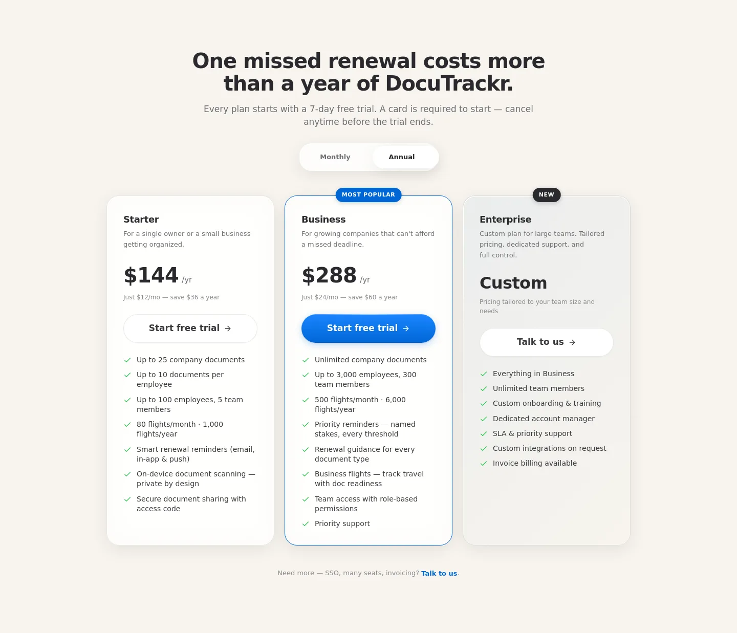 business.docutrackr.app Pricing section