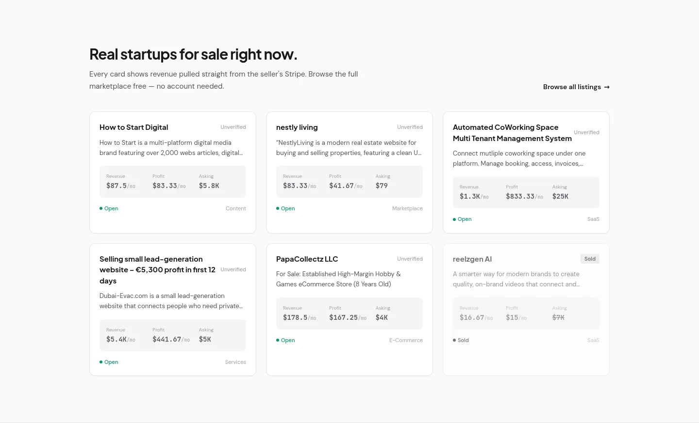 buymicrostartups.com — a real Pricing section