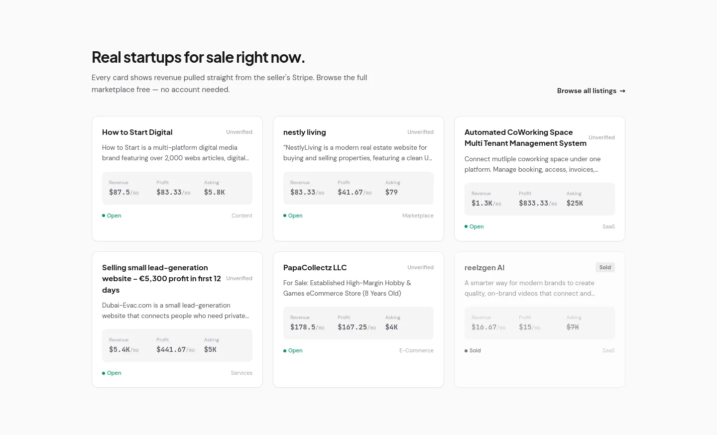 buymicrostartups.com — a real Pricing section