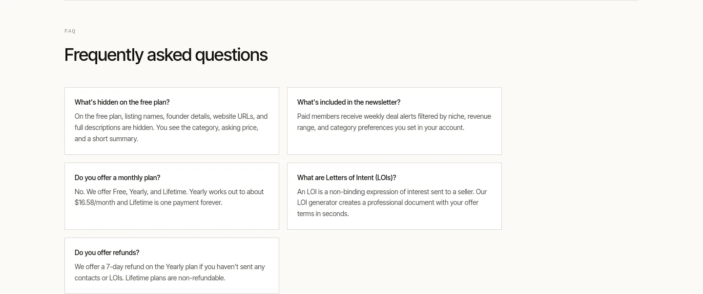 buysellstartups.com FAQ section