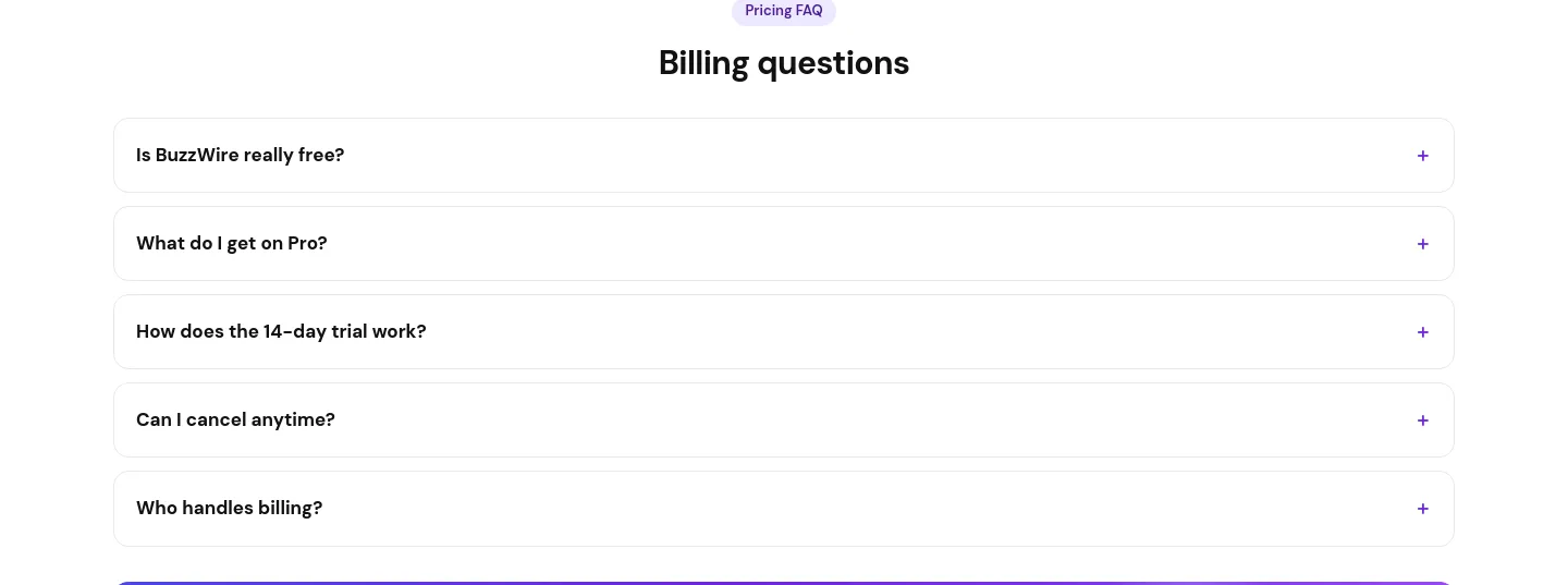 buzzwire.io — a real FAQ section