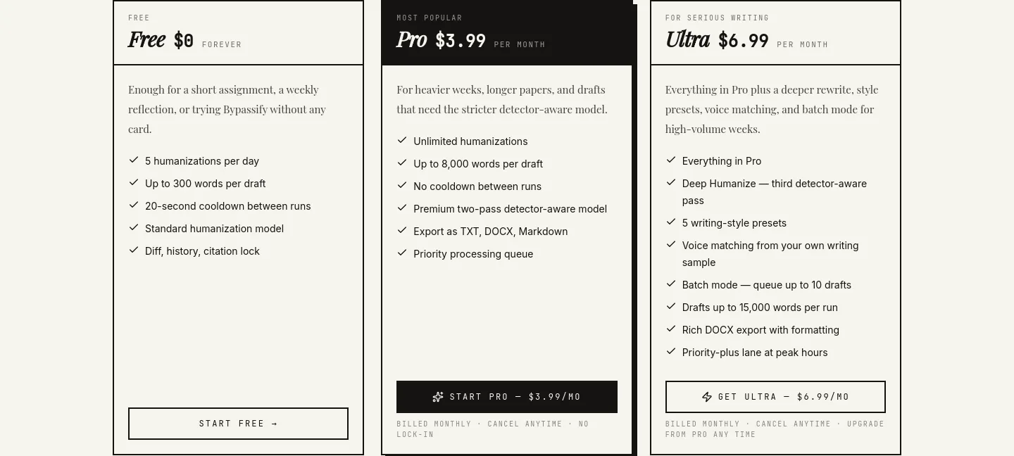 bypassify.online — a real Pricing section