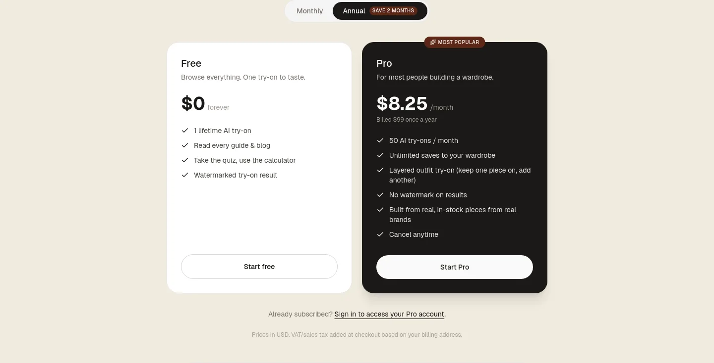 capsulewardrobe.ai Pricing section