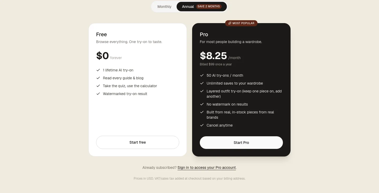 capsulewardrobe.ai — Pricing