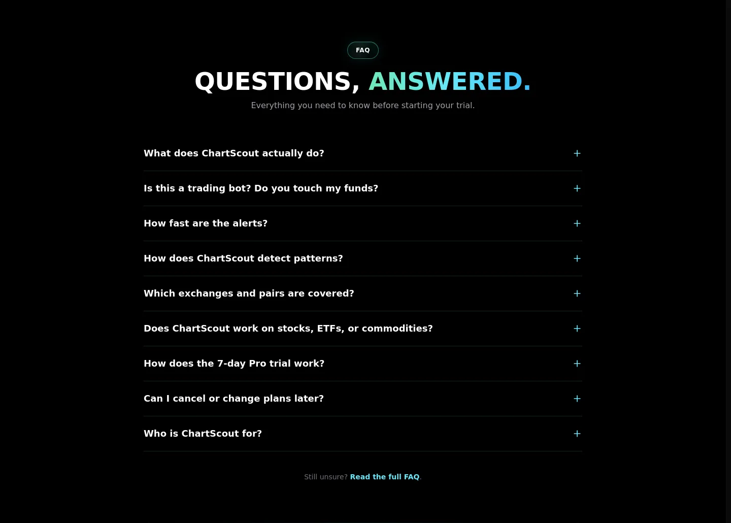 chartscout.io — a real FAQ section
